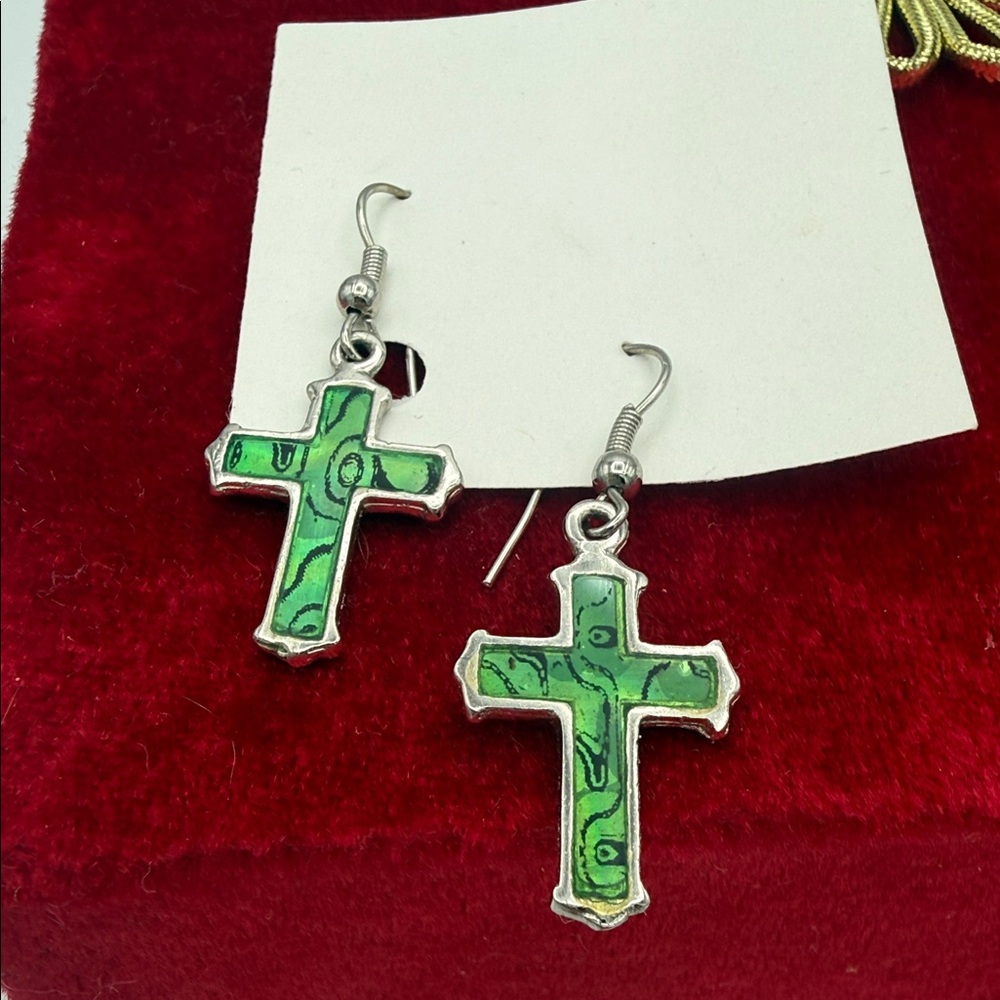 Silvertone green enamel dangle cross French hook earrings